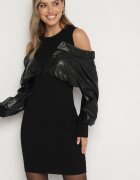 vinceotto Rochie neagră tricotată cu viscoză cu mâneci din imitație de piele Maivonne