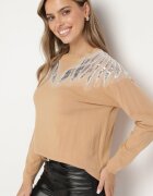 wei wei Pulover Bej închis cu Vâscoză Paiete și Mărgele Nevalanna