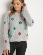 wei wei Pulover gri deschis din tricot în relief cu viscoză decorat cu flori din paiete Edamara