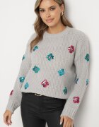 wei wei Pulover gri deschis din tricot în relief cu viscoză decorat cu flori din paiete Edamara