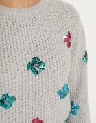 wei wei Pulover gri deschis din tricot în relief cu viscoză decorat cu flori din paiete Edamara