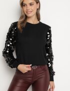 wei wei Pulover negru din viscoză cu croi clasic cu mâneci cu paiete Evandreth