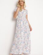wei wei Rochie Alb-Albastră Evazată Florală cu decolteu încrețit Disteria
