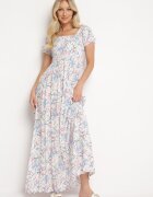 wei wei Rochie Alb-Albastră Evazată Florală cu decolteu încrețit Disteria