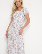 wei wei Rochie Alb-Albastră Evazată Florală cu decolteu încrețit Disteria