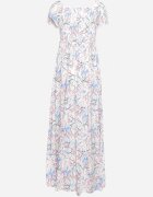 wei wei Rochie Alb-Albastră Evazată Florală cu decolteu încrețit Disteria