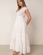 wei wei Rochie Albă de Bumbac Cloș cu Model Ajurat și Elastic în Talie Decorată cu Nasturi Venevia