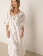 wei wei Rochie Albă din Dantelă Cambrată cu Bumbac Elastic în Talie și Legătură la Decolteu Neleavia