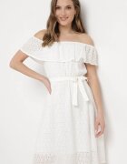 wei wei Rochie Albă Spaniolă cu Broderie Decorativă și Curea în Talie Perenna