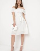 wei wei Rochie Albă Spaniolă cu Broderie Decorativă și Curea în Talie Perenna