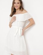 wei wei Rochie Albă Spaniolă cu Broderie Decorativă și Curea în Talie Perenna