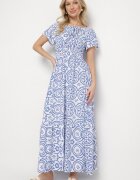 wei wei Rochie Albastră-Albă Evazată cu Bumbac și cu Model Abstract Ldivoria