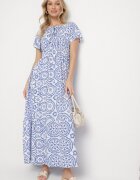 wei wei Rochie Albastră-Albă Evazată cu Bumbac și cu Model Abstract Ldivoria