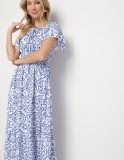 wei wei Rochie Albastră-Albă Evazată cu Bumbac și cu Model Abstract Ldivoria
