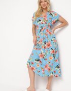 wei wei Rochie Albastră Florală cu Decolteu Plic și Elastic în Talie Meobia