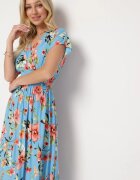 wei wei Rochie Albastră Florală cu Decolteu Plic și Elastic în Talie Meobia