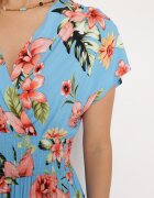 wei wei Rochie Albastră Florală cu Decolteu Plic și Elastic în Talie Meobia