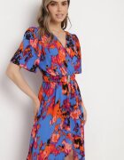 wei wei Rochie Albastru-Portocaliu cu Decolteu Plic și Tiv Asimetric cu Elastic în Talie Coralen