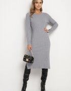 wei wei Rochie Gri Tip pulover cu Viscoză Decorată pe lateral cu șlițuri Ninnoriel