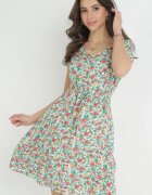 wei wei Rochie Mini Alb-verde Evazată din Viscoză cu Imprimeu Floral cu Șnur Marani