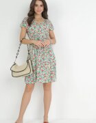 wei wei Rochie Mini Alb-verde Evazată din Viscoză cu Imprimeu Floral cu Șnur Marani