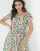 wei wei Rochie Mini Alb-verde Evazată din Viscoză cu Imprimeu Floral cu Șnur Marani