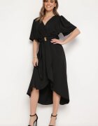 wei wei Rochie Neagră Cloș Petrecută cu Elastic în Talie și Curea Decorativă Vasena