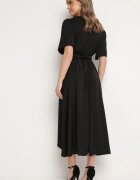 wei wei Rochie Neagră Cloș Petrecută cu Elastic în Talie și Curea Decorativă Vasena