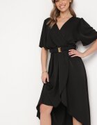 wei wei Rochie Neagră Cloș Petrecută cu Elastic în Talie și Curea Decorativă Vasena