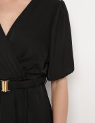 wei wei Rochie Neagră Cloș Petrecută cu Elastic în Talie și Curea Decorativă Vasena