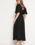wei wei Rochie Neagră cu Mâneci Evazate Elastic în Talie și Legătură la Spate Larielle