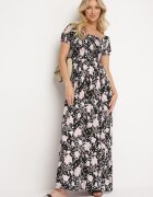 wei wei Rochie Negru-Alb Evazată Florală cu Decolteu Încrețit Disteria