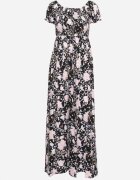 wei wei Rochie Negru-Alb Evazată Florală cu Decolteu Încrețit Disteria
