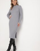 wei wei Rochie Rebrată Gri din Tricot cu Viscoză cu Șlițuri la Poale Ninnavia