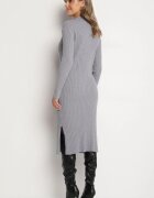 wei wei Rochie Rebrată Gri din Tricot cu Viscoză cu Șlițuri la Poale Ninnavia