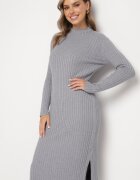 wei wei Rochie Rebrată Gri din Tricot cu Viscoză cu Șlițuri la Poale Ninnavia