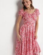 wei wei Rochie Roșie Evazată Florală din Bumbac și cu Mâneci Bufante Sanirla
