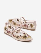 weide Balerini din plasă bej cu baretă cu cataramă și broderie florală Nitarelia