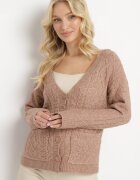 wool fashion Cardigan Bej închis cu decolteu în V cu model împletit Mallak