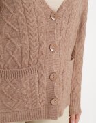 wool fashion Cardigan Bej închis cu decolteu în V cu model împletit Mallak
