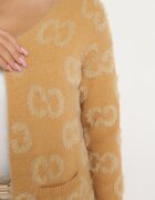 wool fashion Cardigan bej închis deschis cu imprimeu leopard cu puf mai lung Weatha