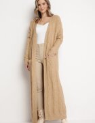 wool fashion Cardigan Bej Maxi cu Model împletit și Buzunare Demixi