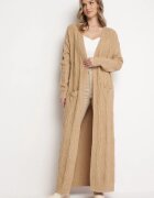 wool fashion Cardigan Bej Maxi cu Model împletit și Buzunare Demixi