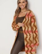 wool fashion Cardigan Lejer Bej închis cu Model Geometric Goitom