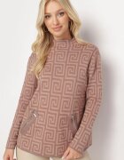 wool fashion Pulover Bej închis cu guler semi-înalt cu model geometric și fermoare decorative Waqaia