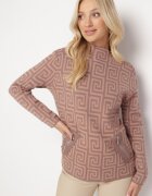 wool fashion Pulover Bej închis cu guler semi-înalt cu model geometric și fermoare decorative Waqaia