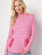 wool fashion Pulover Fucsia cu guler semi-înalt cu model geometric și fermoare decorative Waqaia