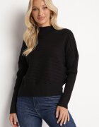 wool fashion Pulover Negru cu Lână Asimetric cu Relief Sarositte
