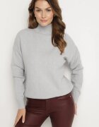 wool fashion Pulover pe gât Gri deschis cu model decorativ în relief cu finisaj reiat Melodiea