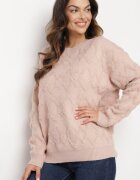 wool fashion Pulover roz deschis cu croi lejer și model tricotat cu borduri reiate Elondrae